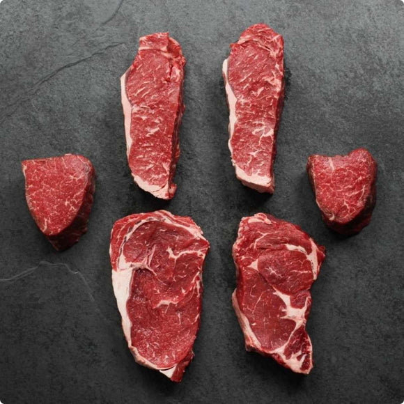 Ultimate Steak Flight (2 x 14oz Angus NY Striploin, 2 x 14oz AAA Ribeye, 2 x 8oz AAA Filet Mignon Bacon Wrapped)
